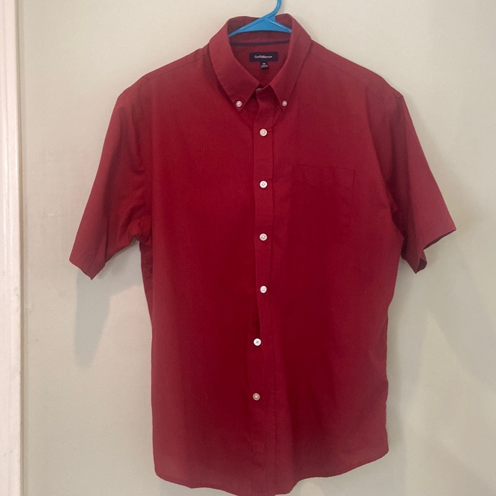 Worn one time. Teen boy cranberry button shirt